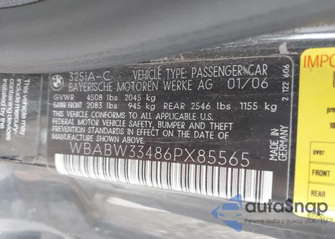 2006 BMW 325Ci из США, поврежденный, VIN WBABW33486PX85565